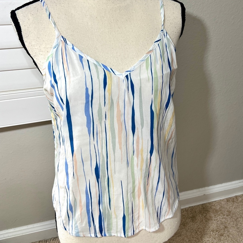 Womens Tank Top size S Spaghetti Strap Striped V Neck Light Rayon Strappy Shirt
